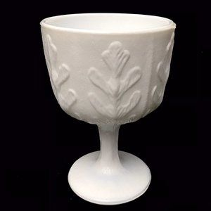 Vintage 1975 FTD White Milk Glass Oak Leaf Goblet Compote Bowl Pedestal Planter